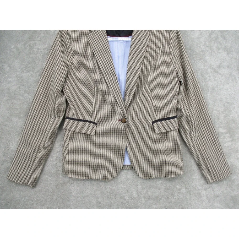 British Khaki Blazer Womens Medium Houndstooth Elbow Patch Academia Preppy Lined - Picture 4 of 10